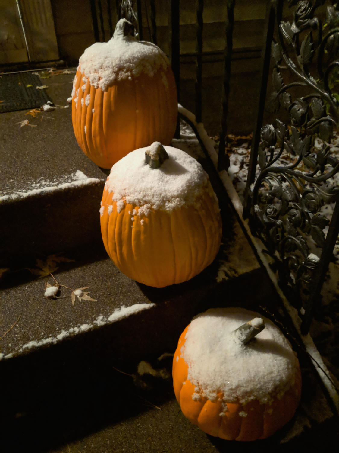 three pumpkins topped with snow on porch steps
