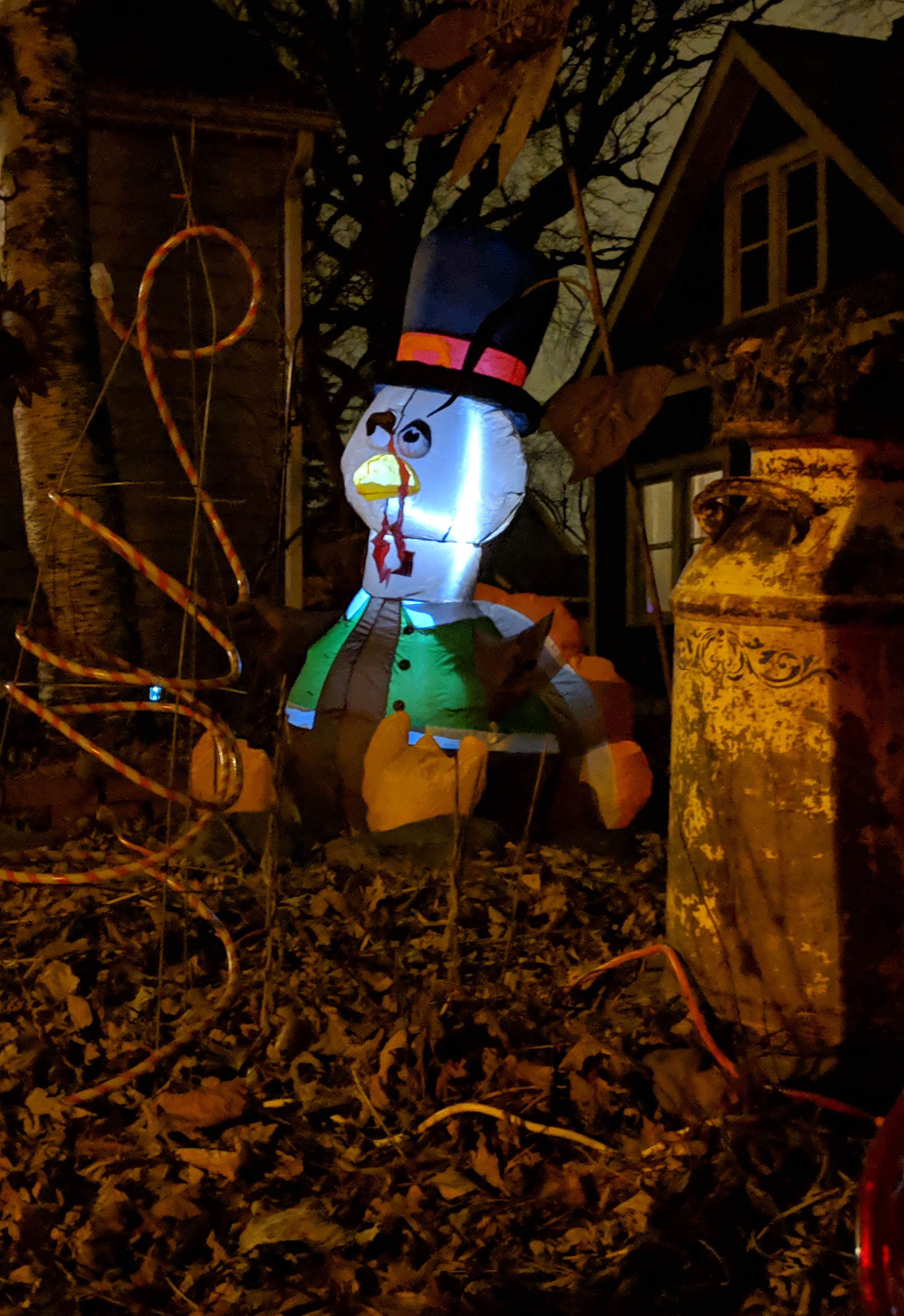 Inflated lighted turkey in yard at night
