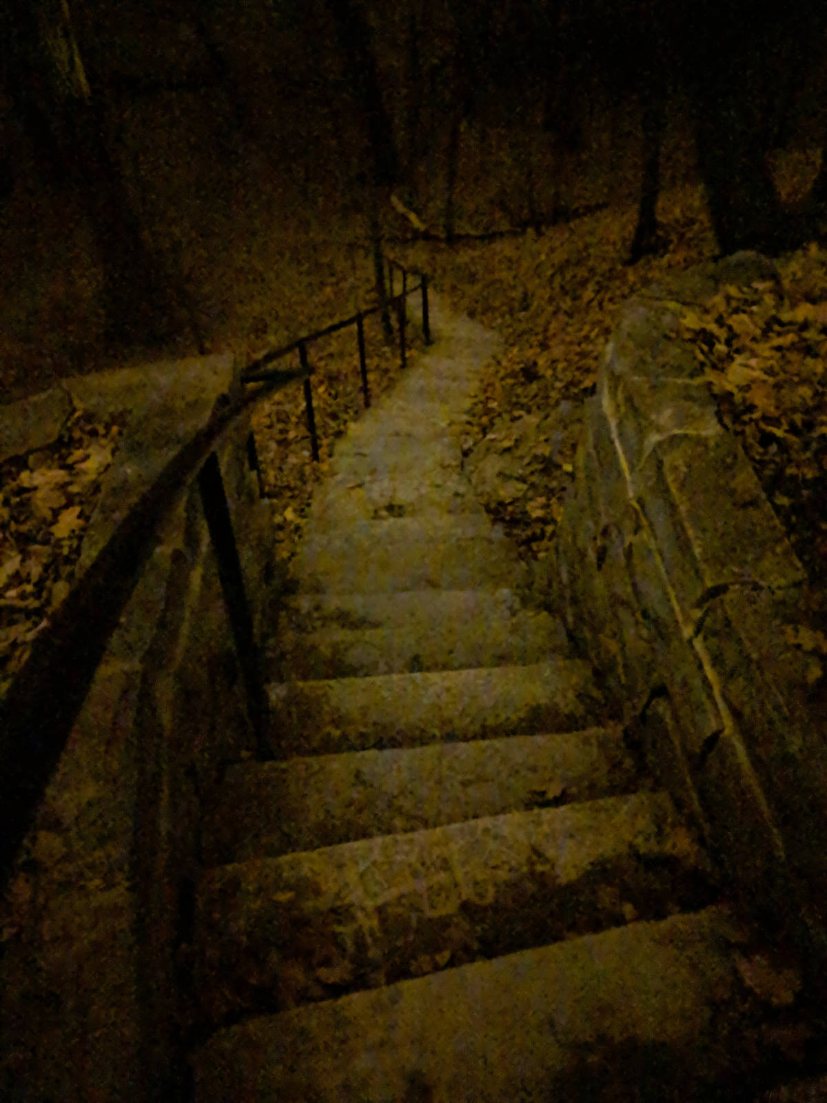 stone stairs going down hill dimly lit at night