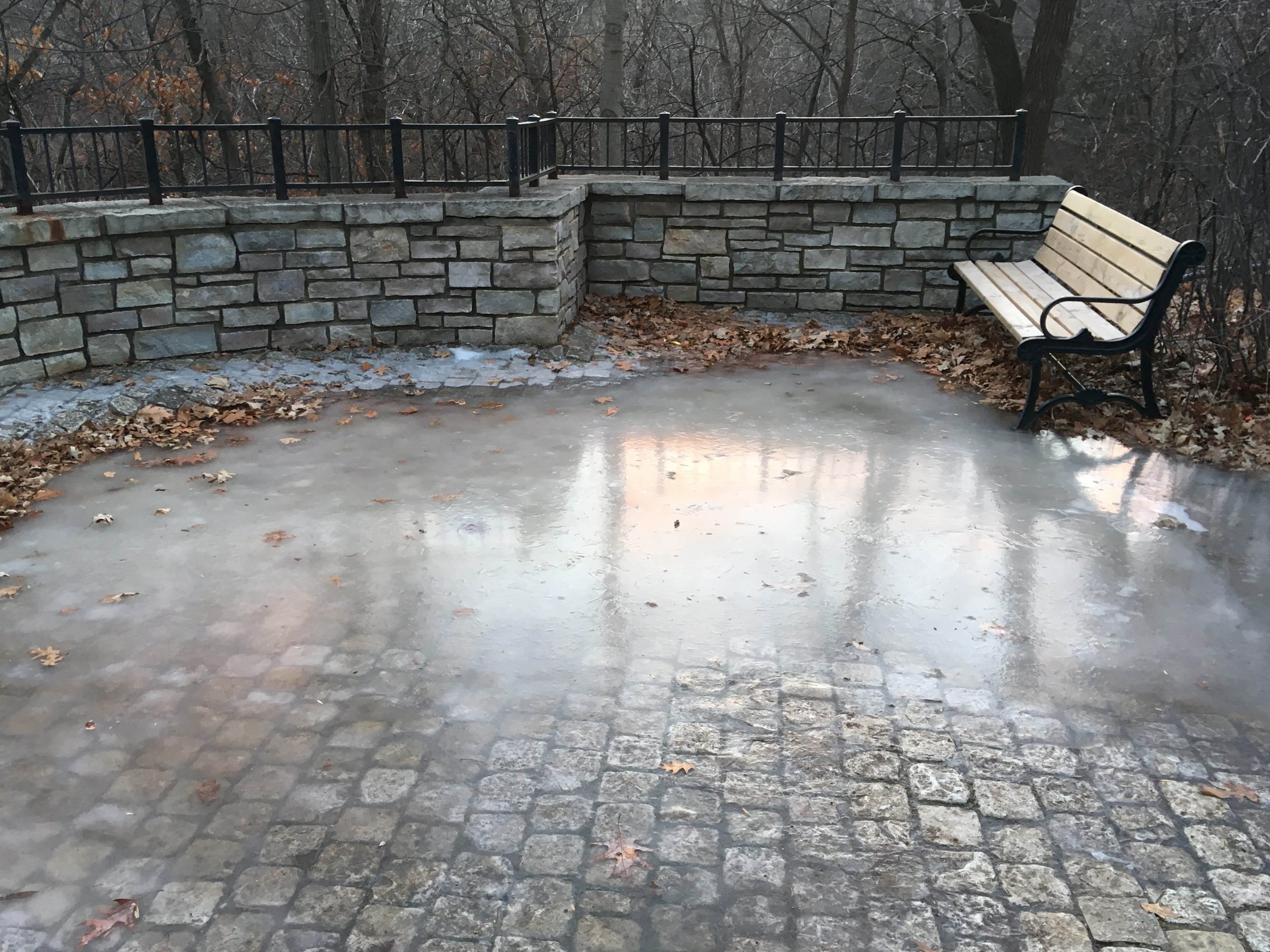 stonework and bench with large iced puddle reflecting a gray sky