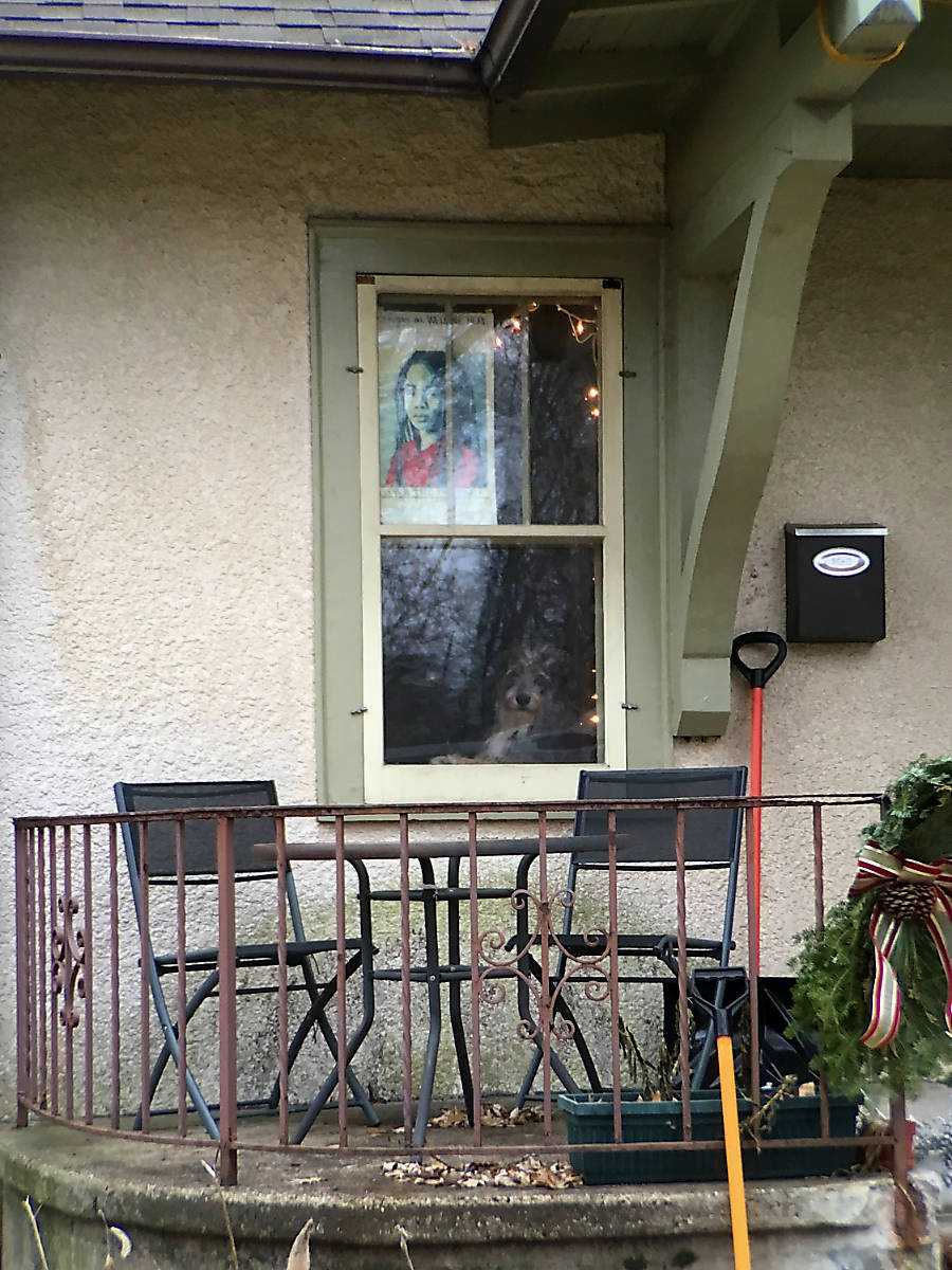 house window with poster of girl in top panes and dog in bottom pane, above a porch with railing, table, and chairs