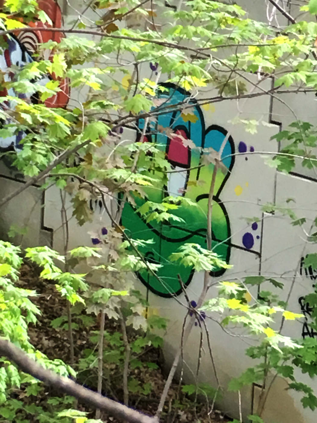 Cartoon faces painted on white wall with green brush in foreground