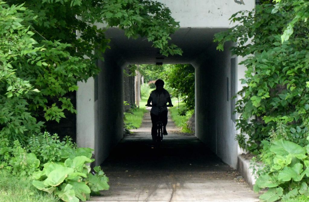 Silhouette of bicycle rider coming through a dark tunnel surrounded by green foilage