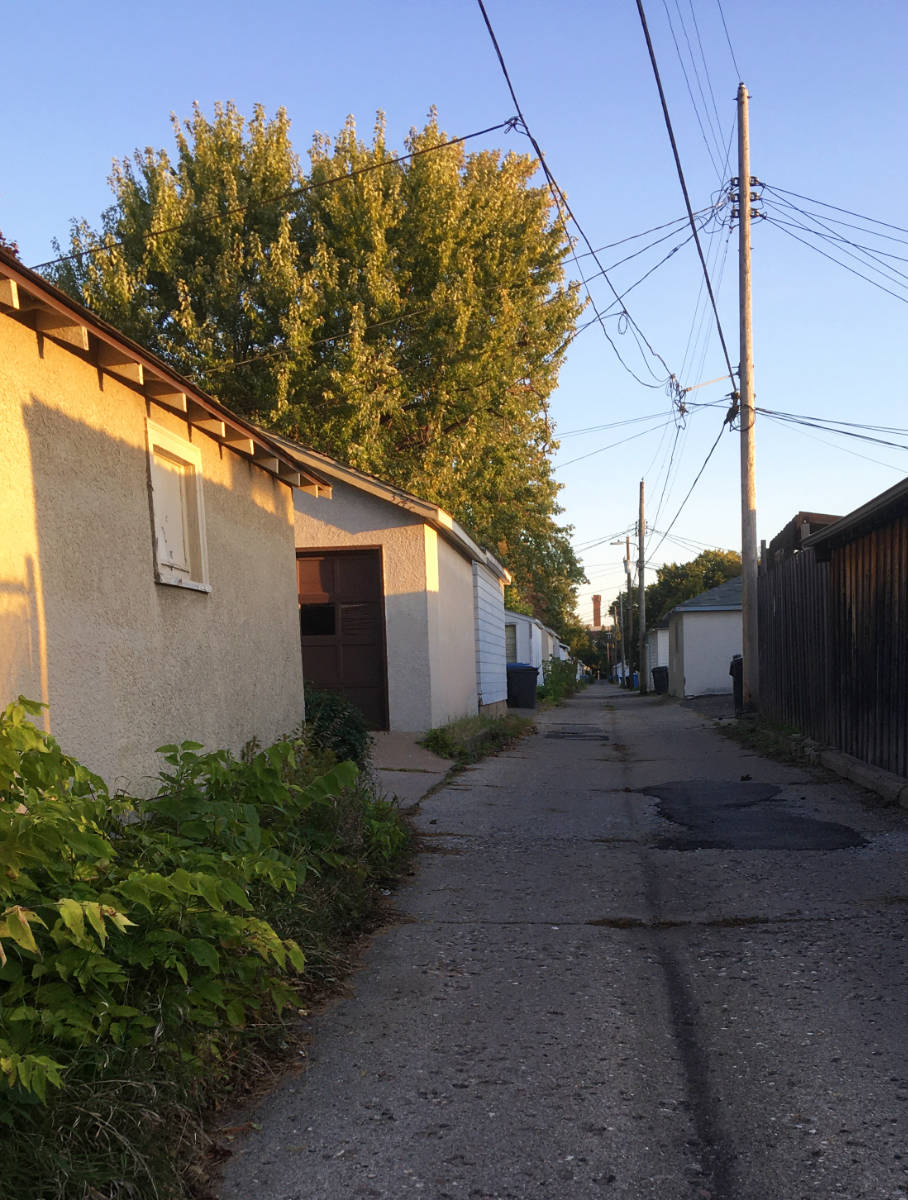 dim alleyway, some sun on yellow garage wall, with blue sky, green trees, telephone poles, and a distant chimney in background