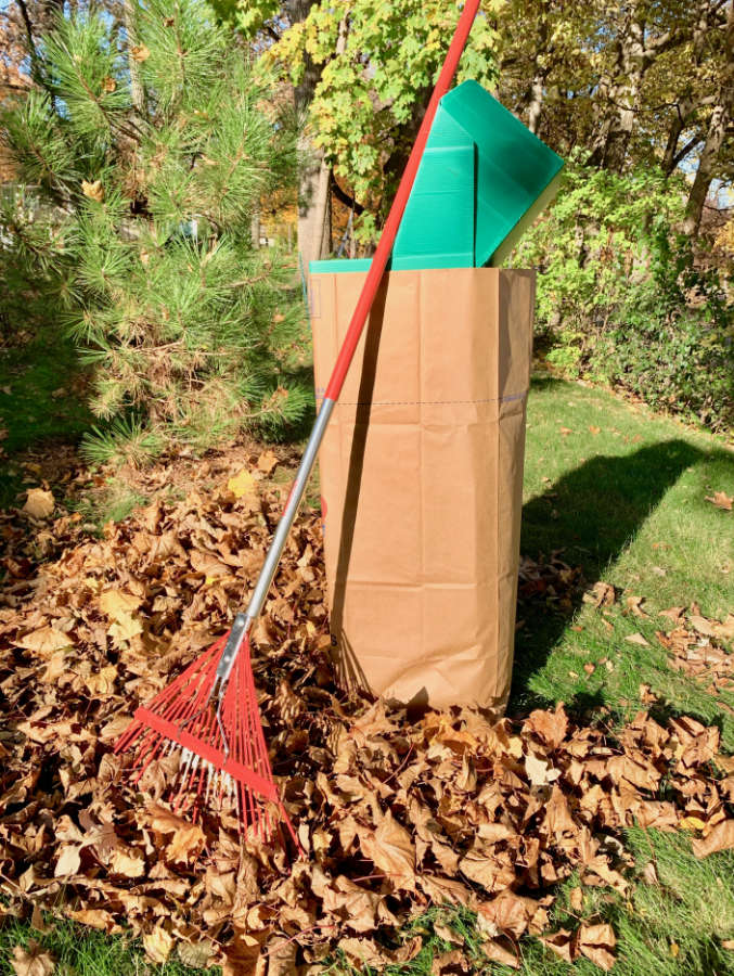 brown bag with pile of leaves and rake in a yard