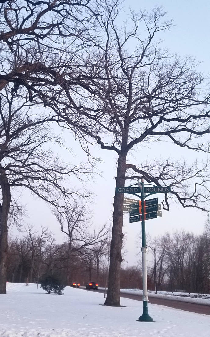 winter scene along parkway with street sign & bare trees