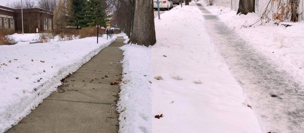 Two receding sidewalks in a winter landscape with clear cement on the left and ice-covered on the right