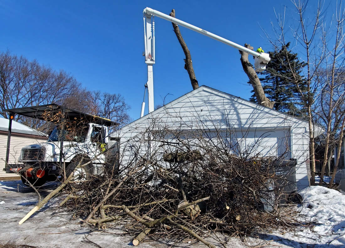 large pile of tree brush in front of a garage and a cherry picker truck in background with two tall limbless tree trunks