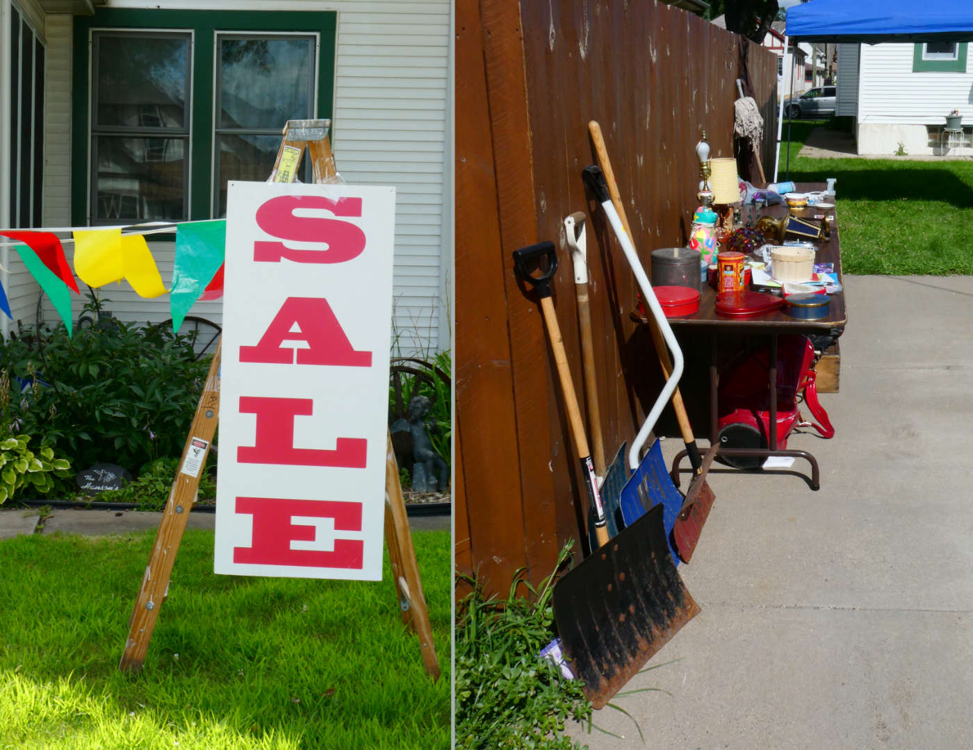 SALE sign on side of a wooden ladder with colored flags next to a fence with yard tools and a table of many items