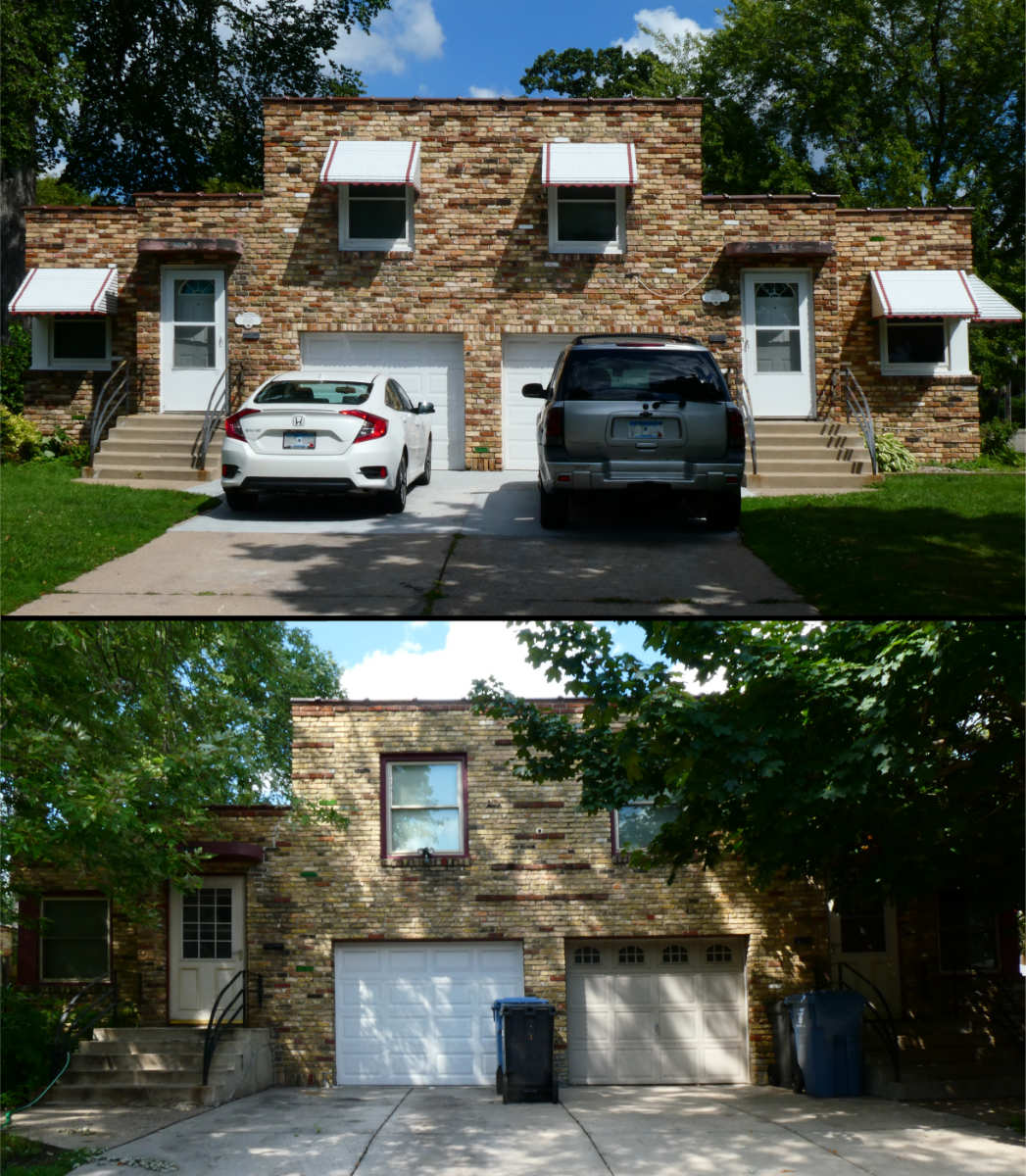 two stacked images of brick buildings with side by side, garages and doors.