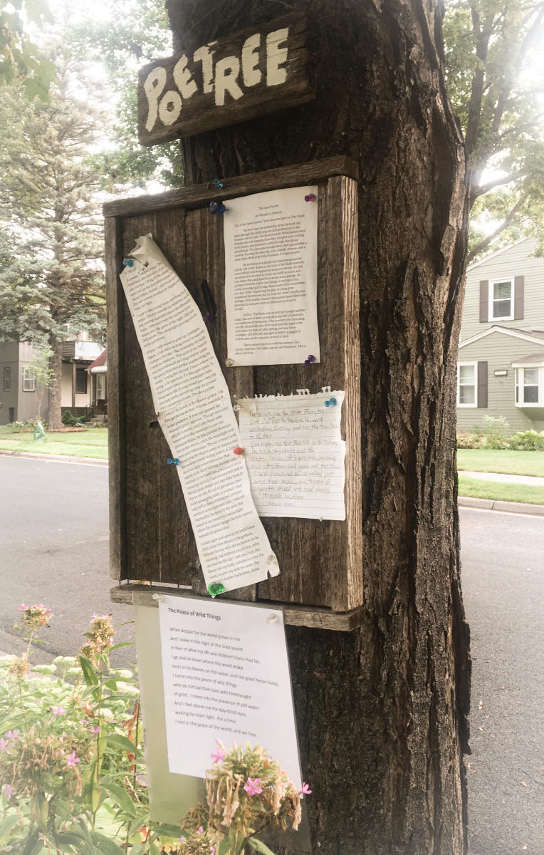 wooden bulletin board on a tree trunk with several pieces of paper with text tacked on.