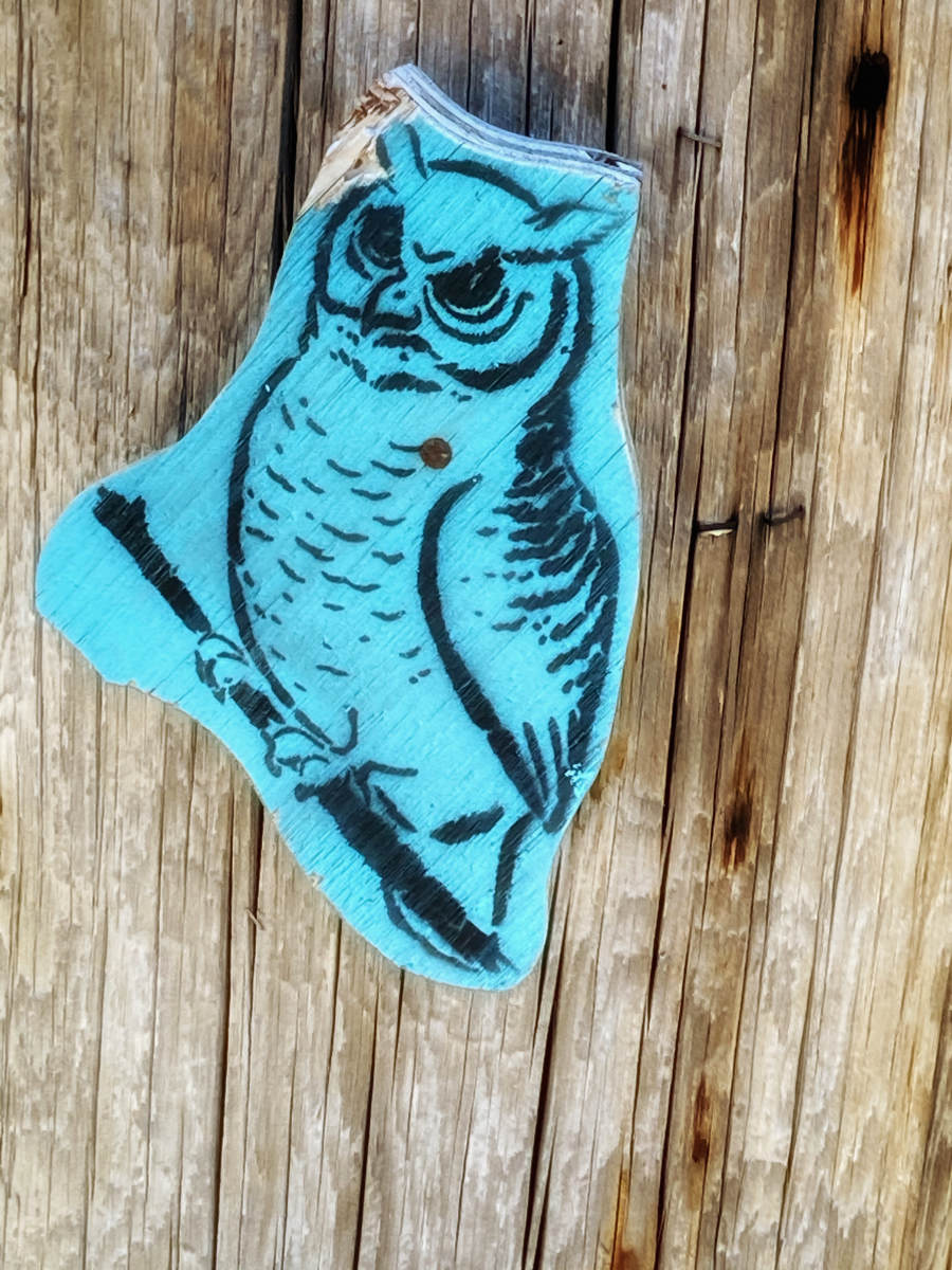 black outline of owl on turquoise paper cutout and tacked to wood