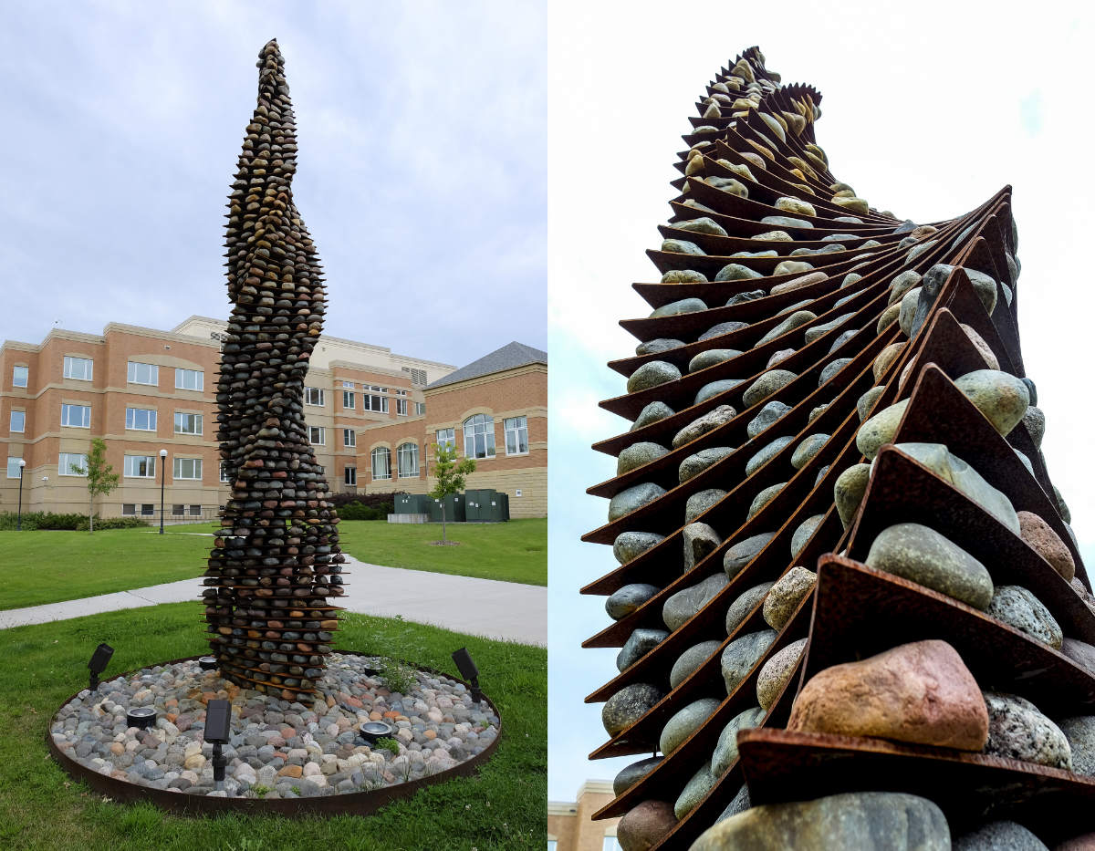 diptych of tall spiraling outdoor sculpture made of stacked layers of iron plates and stones