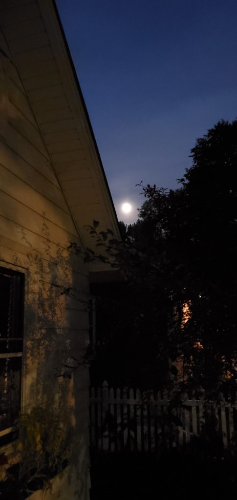 white moon rising above house roof and tree line at night