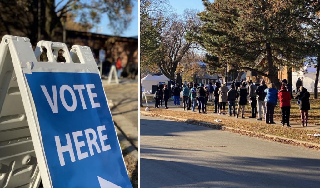 Diptych of VOTE HERE sign and line of people outside along a sidewalk on a sunny day