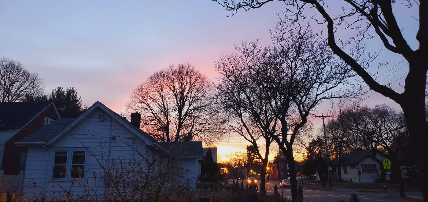 Sunset colors in sky with silhouettes of bare trees and houses