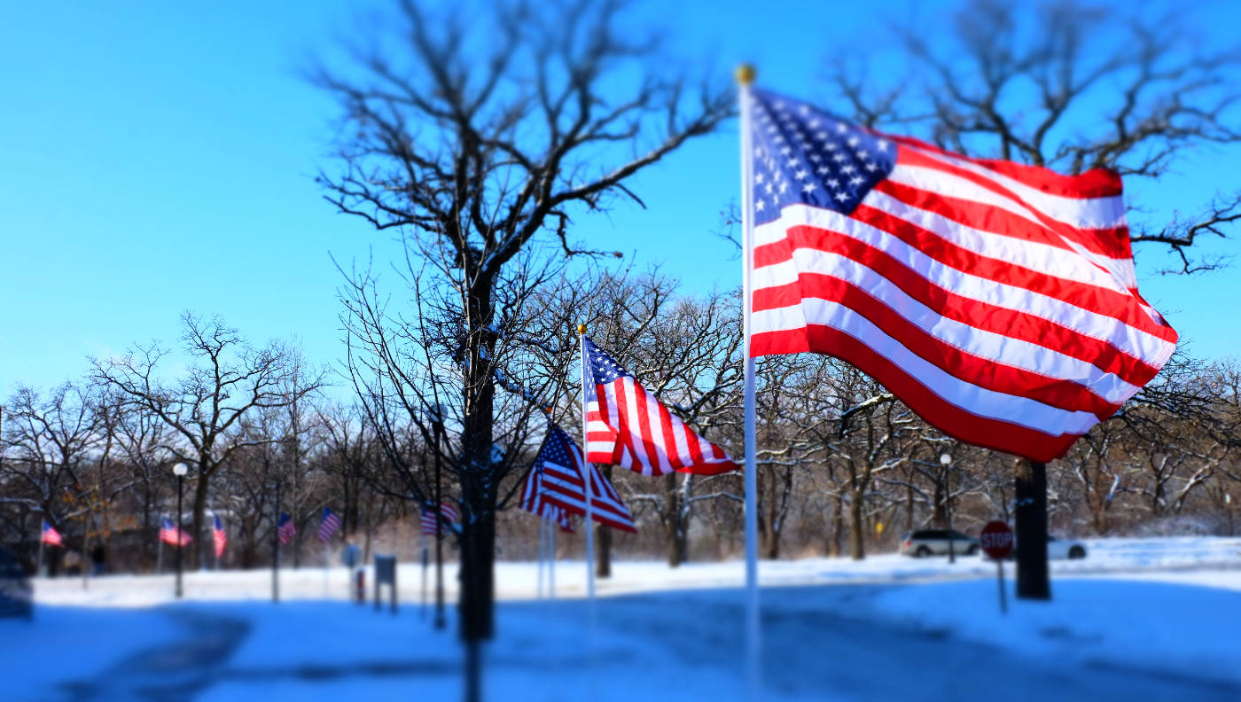 A row of U.S. flags flapping in the wind against a sunny snowy landscape with bare trees and blue sky