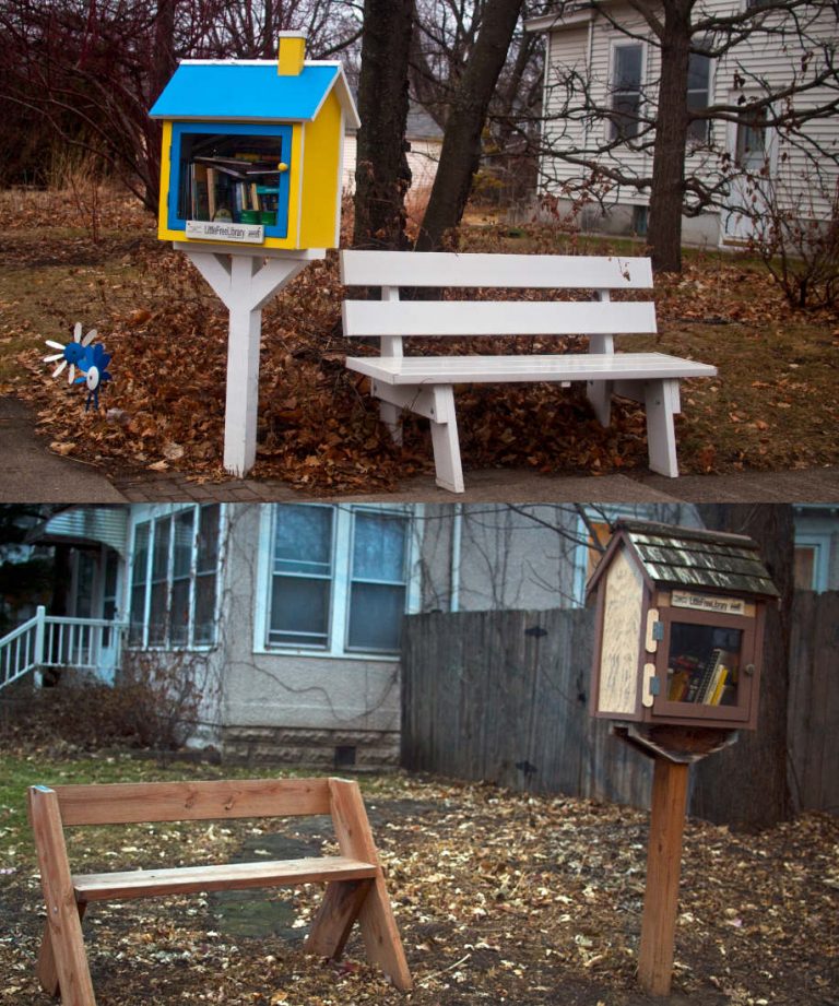 vertical diptych of benches next to posts with decorative boxes of books