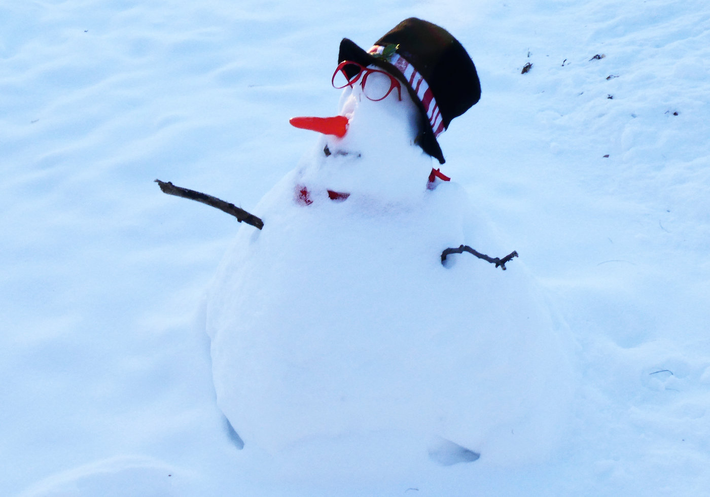 short snowman with head atop a single mound with sticks for arms, rocks for mouth, carrot for nose, glasses and a hat.