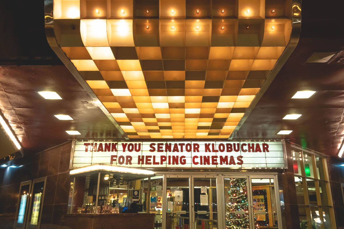 theater marquee reading Thank You Senator Klobuchar for Helping Cinemas