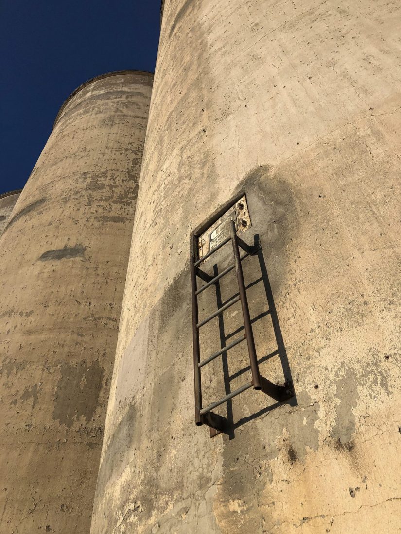A steel ladder is mounted to side of a concrete grain silo, photographic angle points to blue sky above